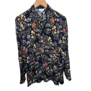 J. Jill Womens SZ‎ XS Black Floral Sheer Garden Button Up Top/Blouse Shirt